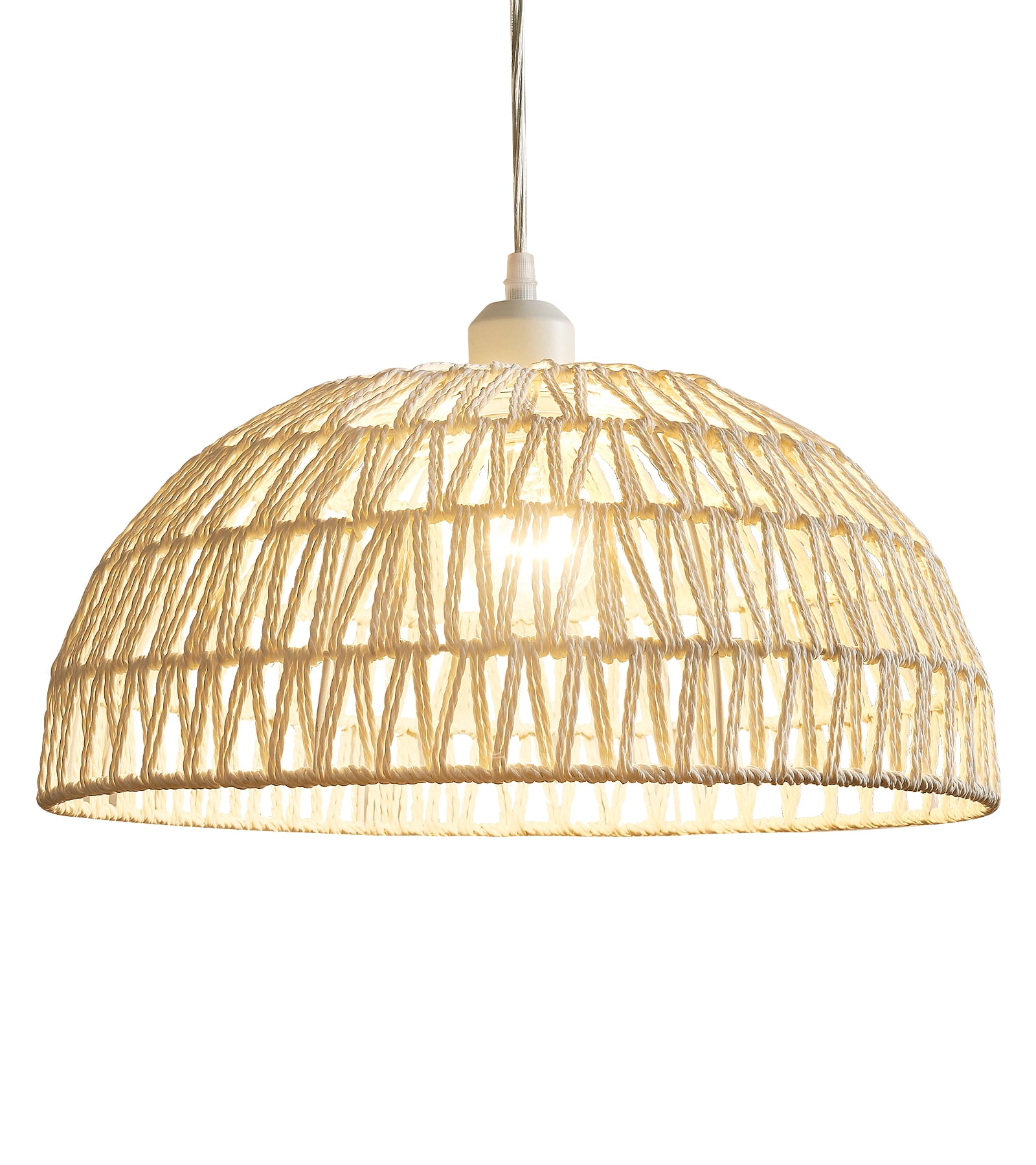 Q&S Boho Pendant Light, 1-Light LED, Hand-Woven Rattan, White Rope ...