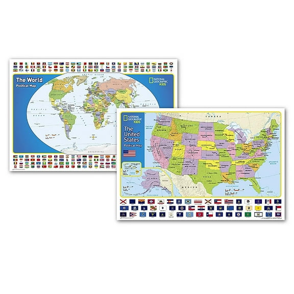 National Geographic World and United States for Kids, Poster Size, Map Pack Bundle, 36" x 24"