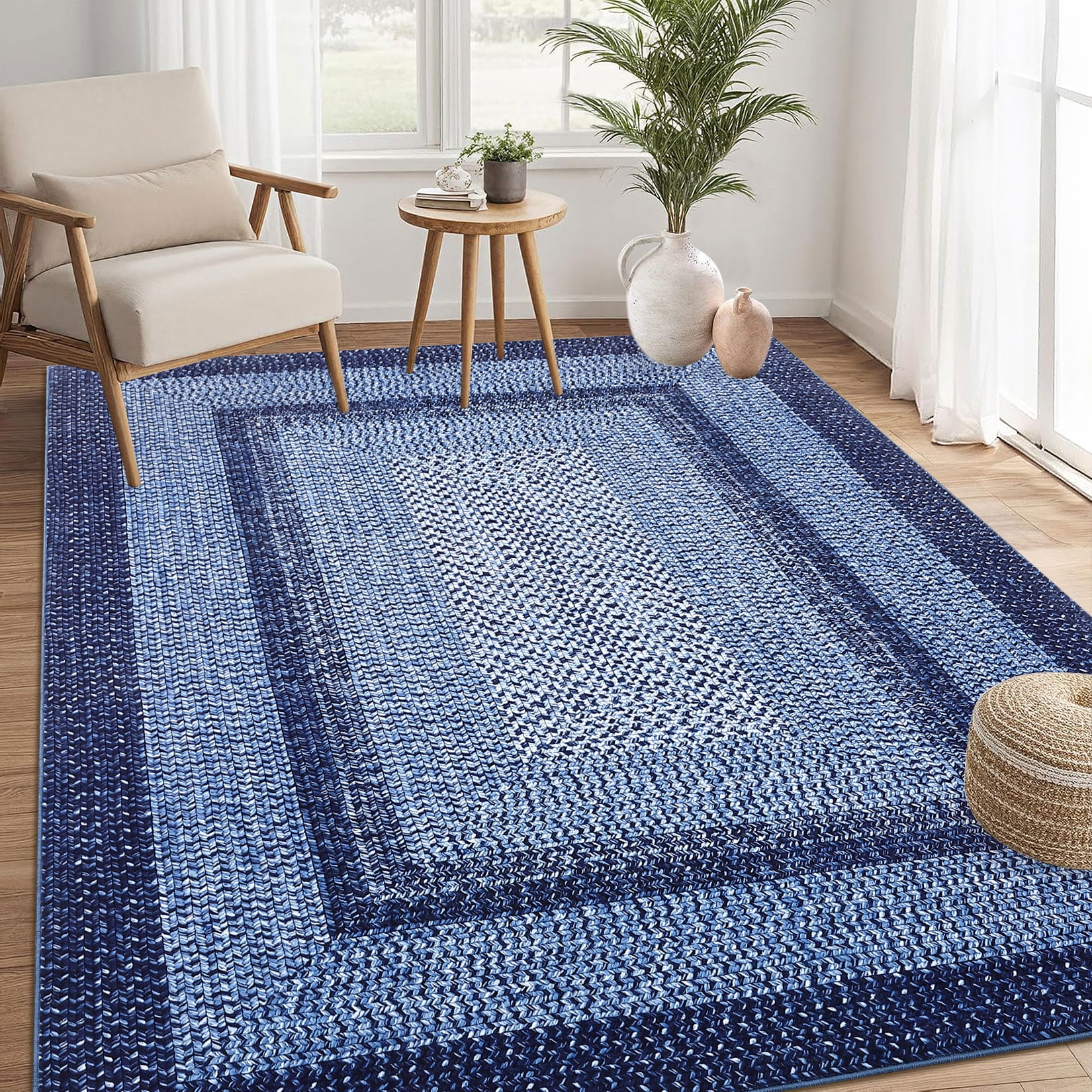 CAROMIO Washable 4' x 6' Area Rug for Living Room Modern Imitation Braided Pattern Geometric Indoor Carpet Non Slip, Navy