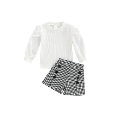 

AMILIEe Kids Baby Girls Outfit Casual Rib Long Sleeve Tops with Houndstooth Print Button Shorts Set