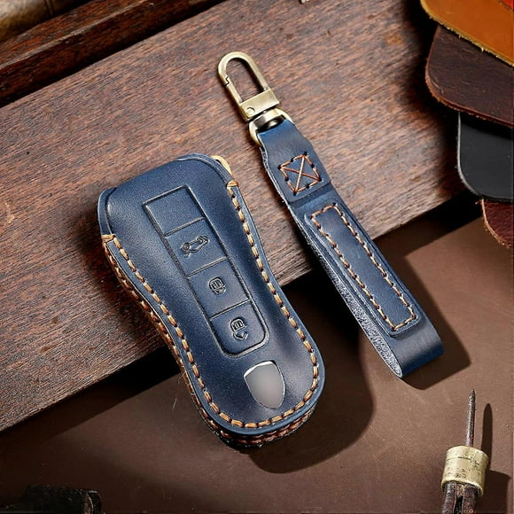 Leather Car Key Case for Porsche Cayenne Panamera 911 Carrera Taycan 2019-2020 - 3 Buttons - Blue