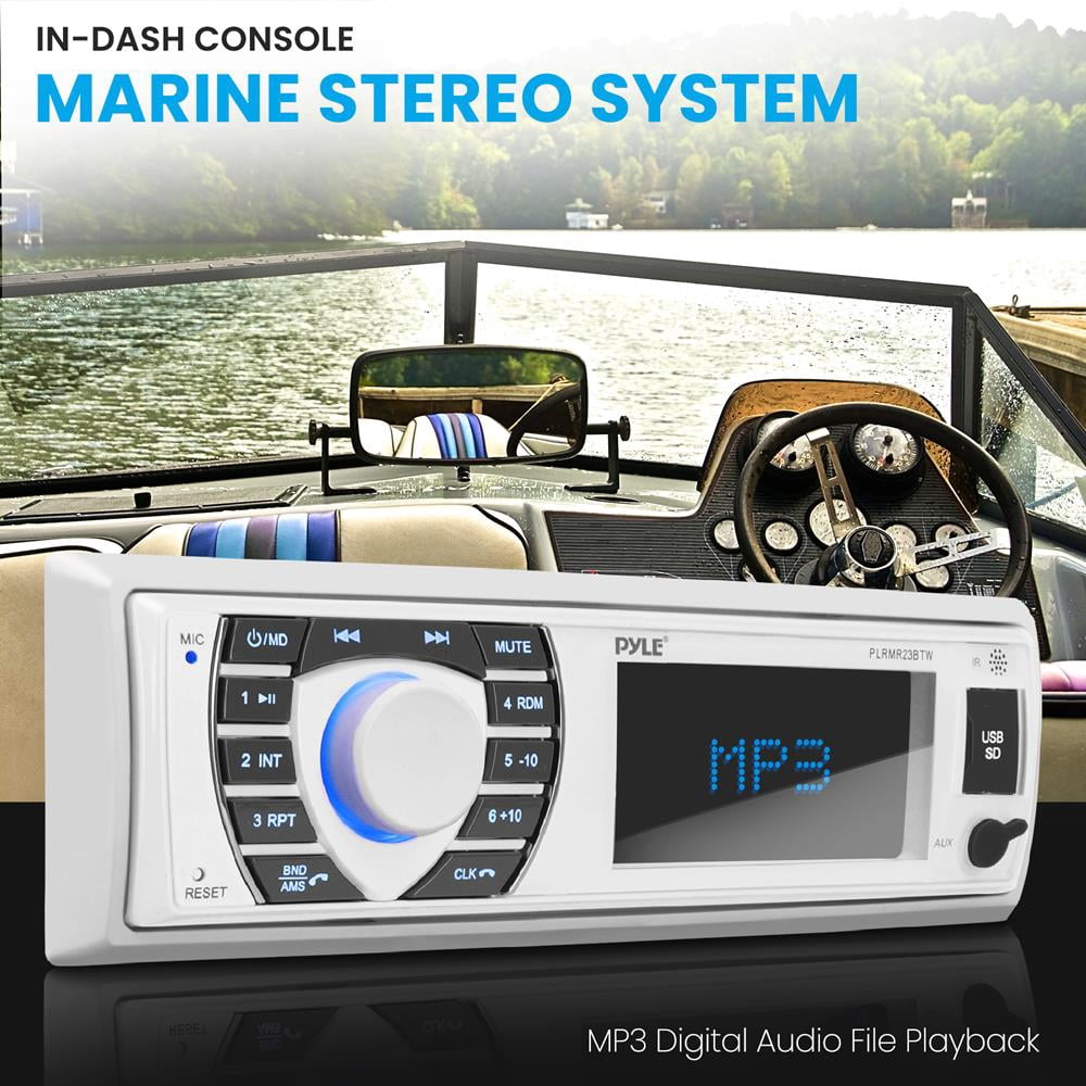 Pyle Single DIN Marine Bluetooth Stereo Receiver with Remote, White