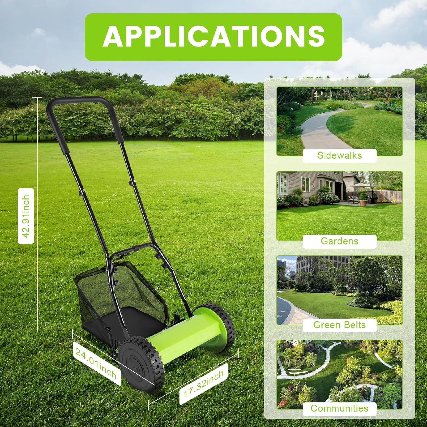 Miumaeov Push Lawn Sweeper,12inch Leaf & Grass Collector,Manual Lawn Mower with Five Blades,5-Blade Cordless Manual Reel Lawn Mower (12inch)