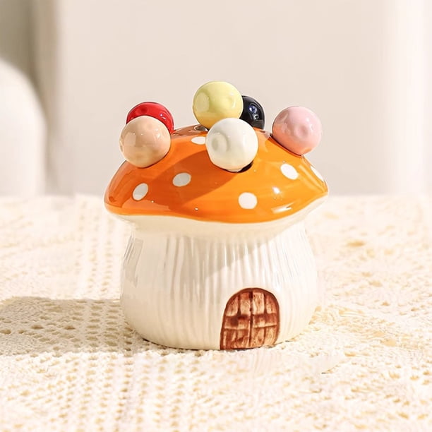 Frasco de almacenamiento para tenedores de fruta con tarro de cerámica, tenedores de postre de acero inoxidable, forma de champiñón, organizador de cocina, decoración del hogar, 10,4 cm
