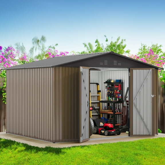 Dextrus Large 10x8ft Outdoor Storage Shed Metal with Lockable Doors & Vents Brown Storage for Garden Tools, Lawn Equipment, Bikes