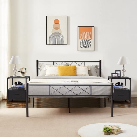 VECELO 3-Piece Modern Bedroom Sets Include Queen Bed Frame 2 Black Nightstands