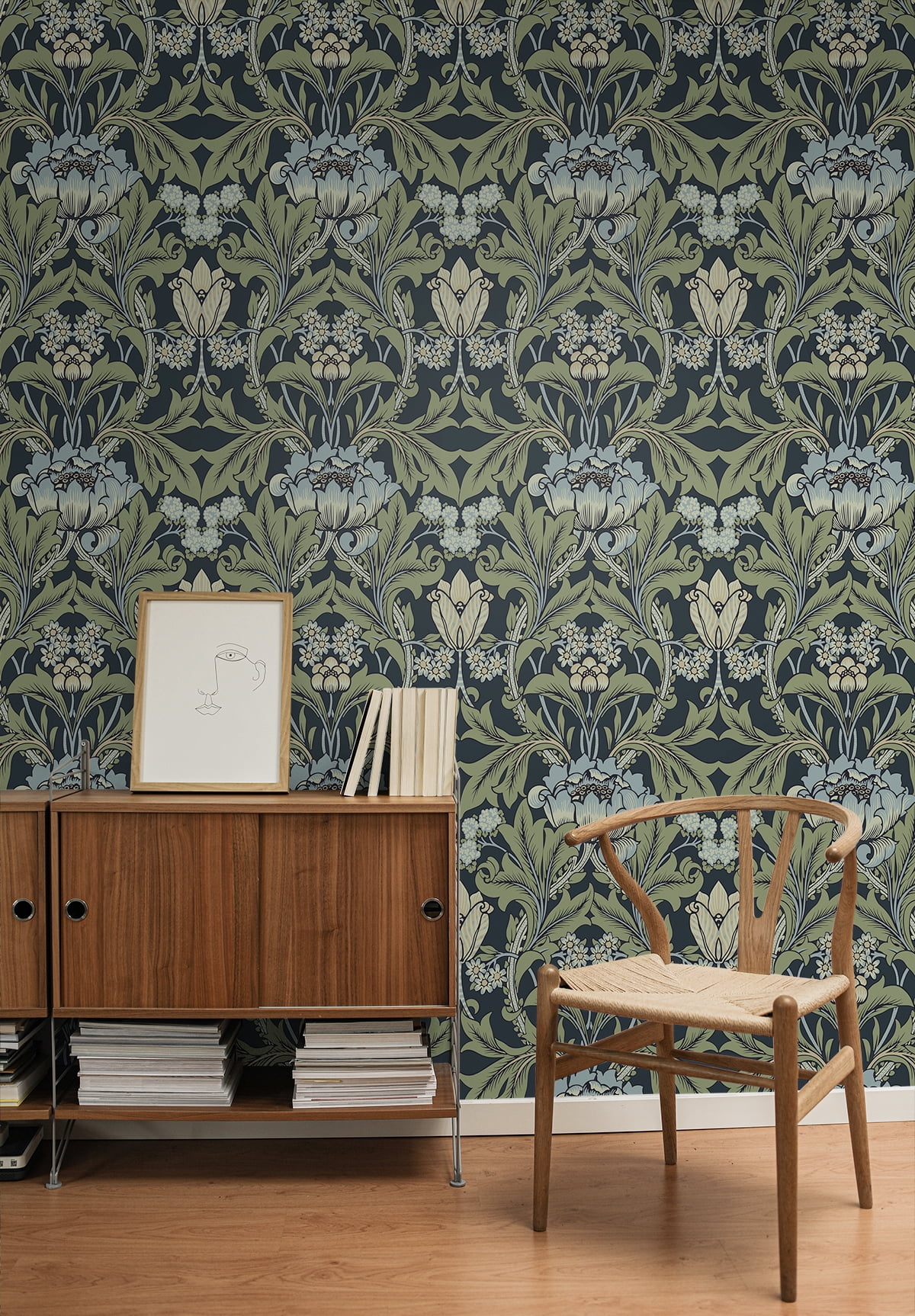NextWall Midnight Blue & Sage Primrose Floral Peel and Stick Wallpaper