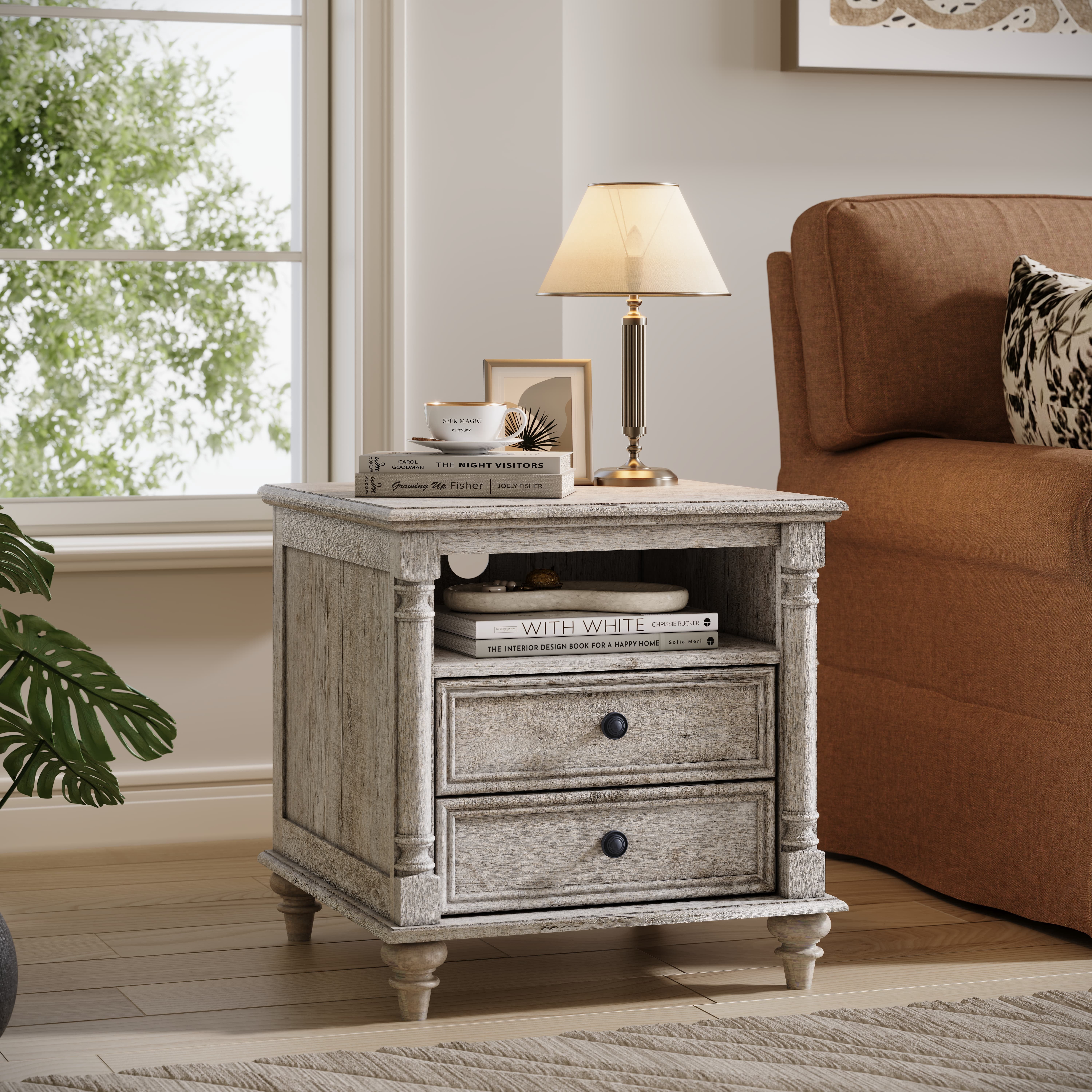 OKD Farmhouse Nightstand, 3 Drawer Wood Side Table with Charging Station for Bedroom, Living Room, Light Rustic Oak