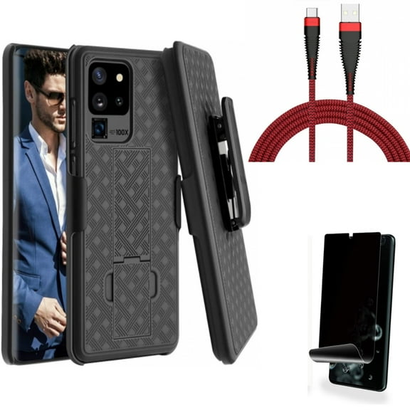 10ft USB Cable w Case Belt Clip w Privacy Screen Protector for Samsung Galaxy S20 Ultra - Type-C Charger Cord Power, Holster Swivel Cover, TPU Film [NOT GLASS] [Fingerprint fits Galaxy S20 Ultra