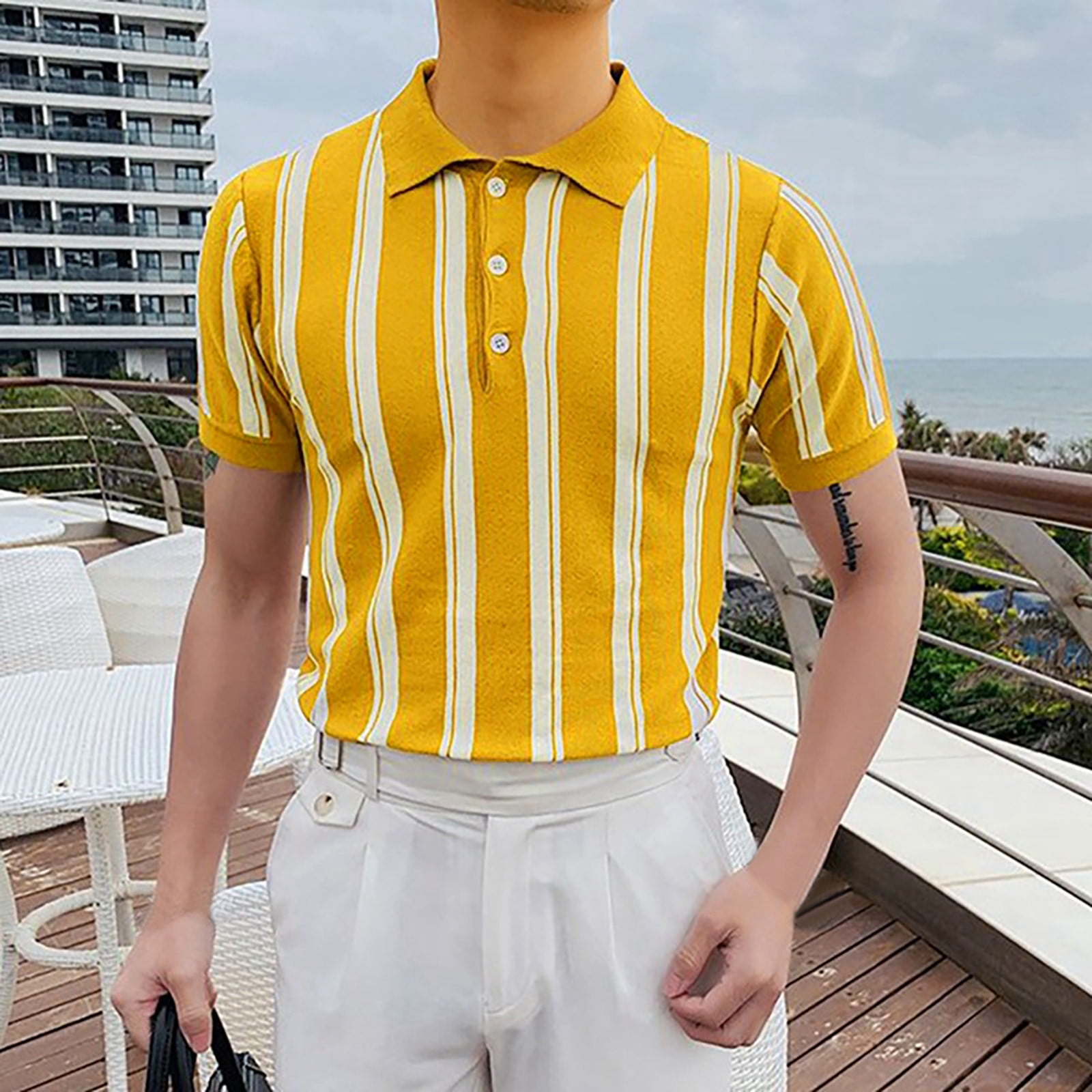 sckarle Striped Knit Polo Shirts for Men Stripe Color Block Short Sleeve Knit Tops Slim Lapel Collar Polo Shirt for Men, Men's, Size: Mens Tops XL