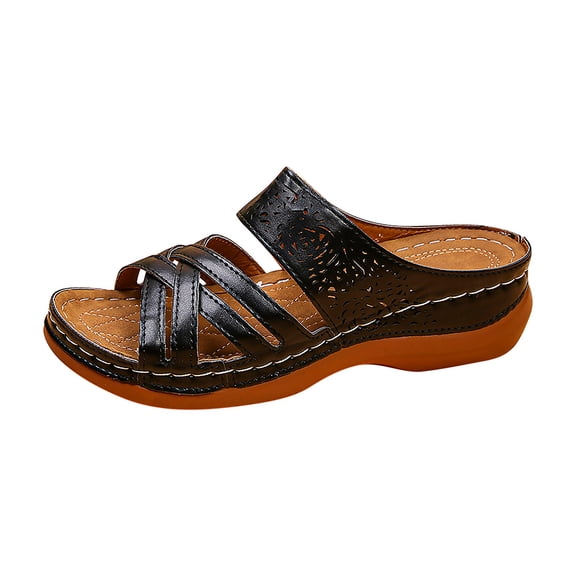 KBODIU Sandals Women Athletic Comfortable Outdoor Sandals with Arch Support Walking Sandals for Women New Wedge Heel Sandals Stitched Hollow Cross Slippers Massage for Spot/Beach/Home Black 39