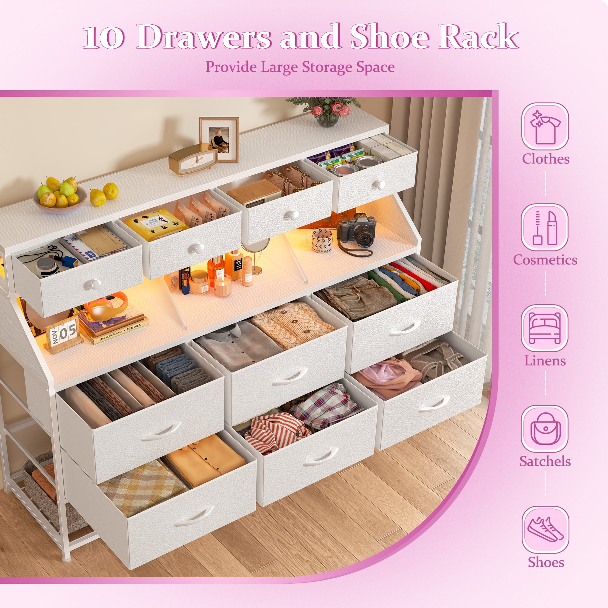 EnHomee White Dresser with Shoe Rack 10 Fabric Drawers Dressers for Bedroom Dressers & Chests of Drawers with Power Outlets and LED Lights