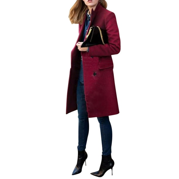 Women Casual Wool Pea Coat Classic Long Sleeve Double Ted Trench Jacket With Pockets Com Double Ted Trench Coat Jacket, Pea Coat And Cowboy Boots