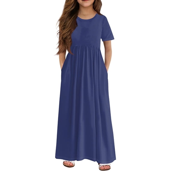 Girl's Summer Short Sleeve Loose Dress Casual Crewneck Long Maxi Dresses for Kids with Pockets 4-14 Years White 140