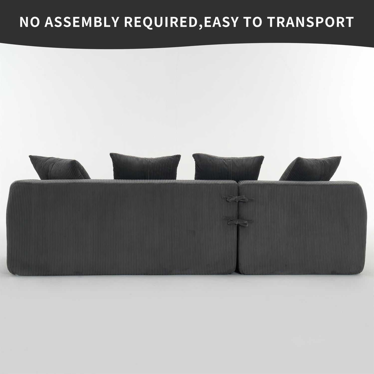 Demi Bonn 101" Corduroy Compression Sofa with Chaise Lounge, 3-Seater Couch with Full Sponge Cushion & 4 Pillows, Ideal for Living Room, Dark Gray