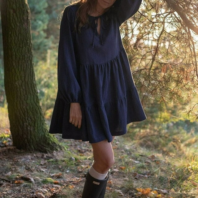 Robe en Gaze 100 % Coton Rétro : Décontractée à Volants, Manches Longues, Mini Robes Élégantes pour Fêtes de Printemps et d'Automne - Bleu Foncé / m