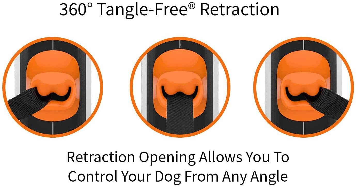 TUG 360° Tangle-Free Retractable Dog Leash with Anti-Slip Handle | 16 ft Strong Nylon Tape | One-Handed Brake, Pause, Lock (Small, White/Orange)