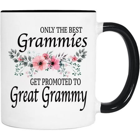 

Funny Coffee Mugs 11 Oz Only The Best Grammies Get Promoted To Great Grammy - Flowers - Ceramic Tea Cup with Black Handle - Unique Birthday and Holiday Gifts