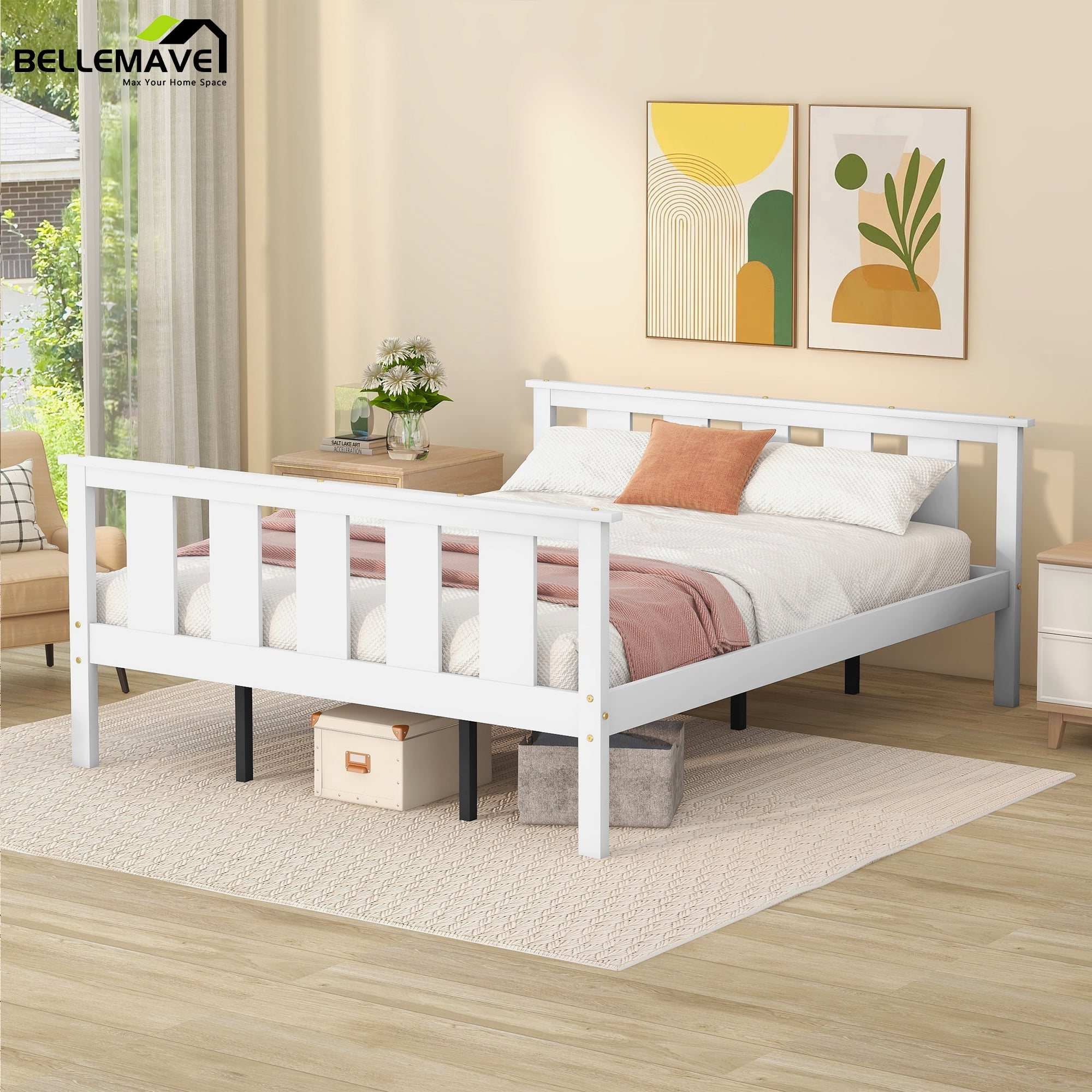 Bellemave Wood Queen Size Platform Bed Frame with Headboard and ...