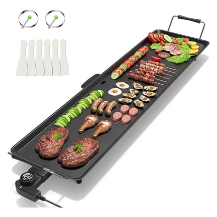 BNHHYYDS 35" Electric Griddle Teppanyaki Grill, Nonstick Large Grill Top for Indoor/Outdoor Use, 2000W Adjustable Temp with Drip Tray, Pancake BBQ Grill