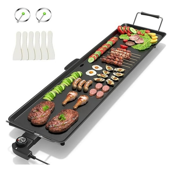 BNHHYYDS 35" Electric Griddle Teppanyaki Grill, Nonstick Large Grill Top for Indoor/Outdoor Use, 2000W Adjustable Temp with Drip Tray, Pancake BBQ Grill