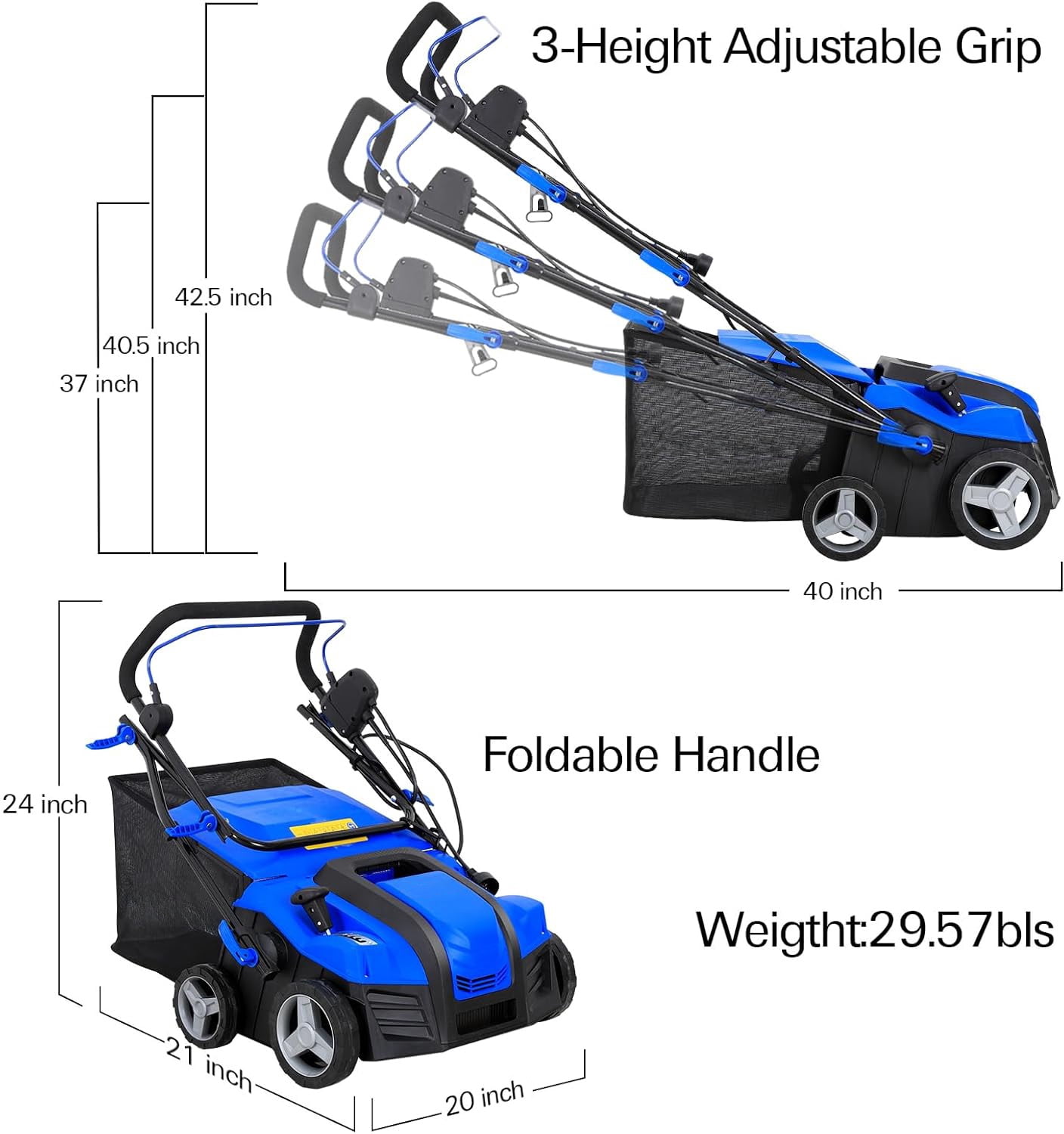 ANLIBATT Dethatcher 2in1 16" Corded Electric Scarifier 15-Amp Depth Adjustment 14.5-Gallon Collection Bag Adjustable Handle Lawn Grass Thatching Rake