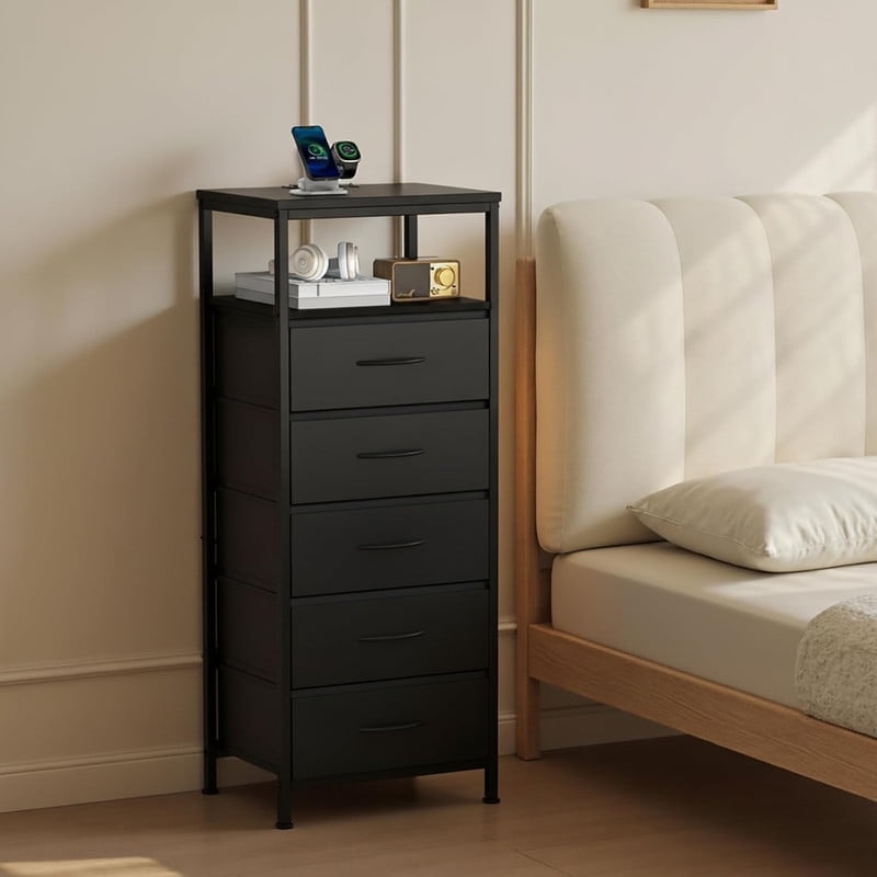 Simenmax Nightstand with Charging Station & LED Lights, 5 Drawer Bedside Table with Variable Light Strip, Modern Industrial Bedroom Furniture, Black