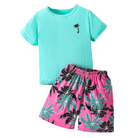Boys Tropical Clothes 2 Piece Summer Vacation Outfits Trendy Graphic Tees Shorts Beach Holiday Clothing Sets Green, 5 Years