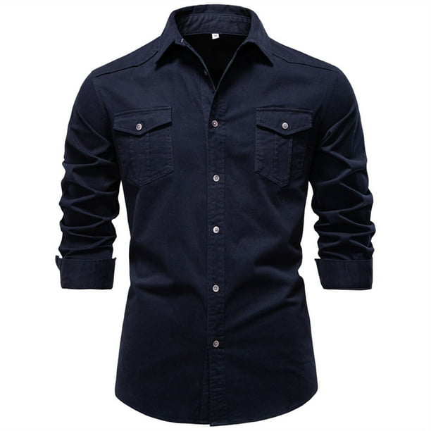 pstuiky camisas de manga larga para hombre, Blusa informal de manga larga con botones y parches lisos para hombre salir tops l