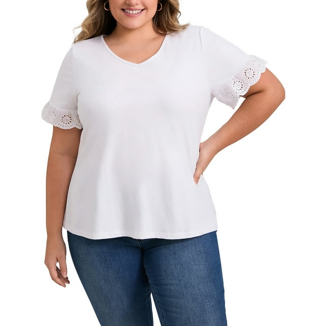 GRACE & GRANDEUR Blusas de mujer de talla grande para el Día de la Madre, top casual elegante de cuello en V, blusas de manga corta con bordado de encaje, 1X blanco