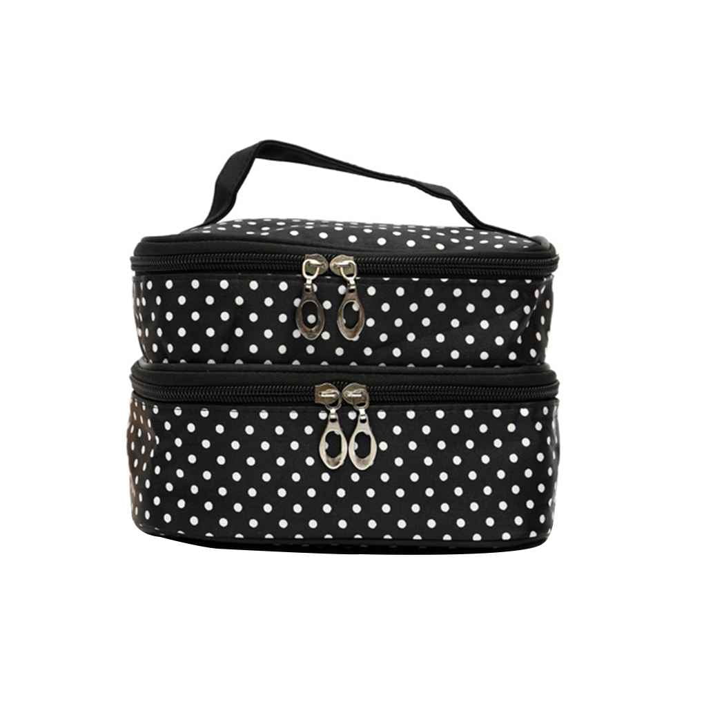 Women Girls Cosmetic Bag Makeup Case Double Layer Dot with Mirror Toiletry Bag Organizer Pouch Case Handbag