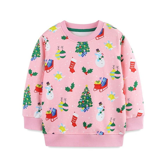 Odeerbi Kids Boys Girls Christmas Sweatshirt Cartoon Print Crewneck Sweatshirts Fashion Casual Christmas Printed Long Sleeve Round Neck Pullover Sweatshirts Pink