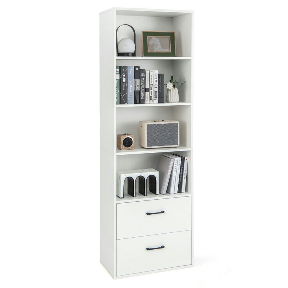 Demi Bonn 6-Tier Tall Freestanding Bookcase with 4 Open Shelves and 2 Drawers, White