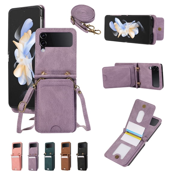for Samsung Galaxy Z Flip 4 Wallet Case with Shoulder Lanyard Strap, Crossbody Phone Case with Card Holder Slots for Women Girls, Luxury PU Leather Flip Stand Purse Cover Shockproof Case, Purple