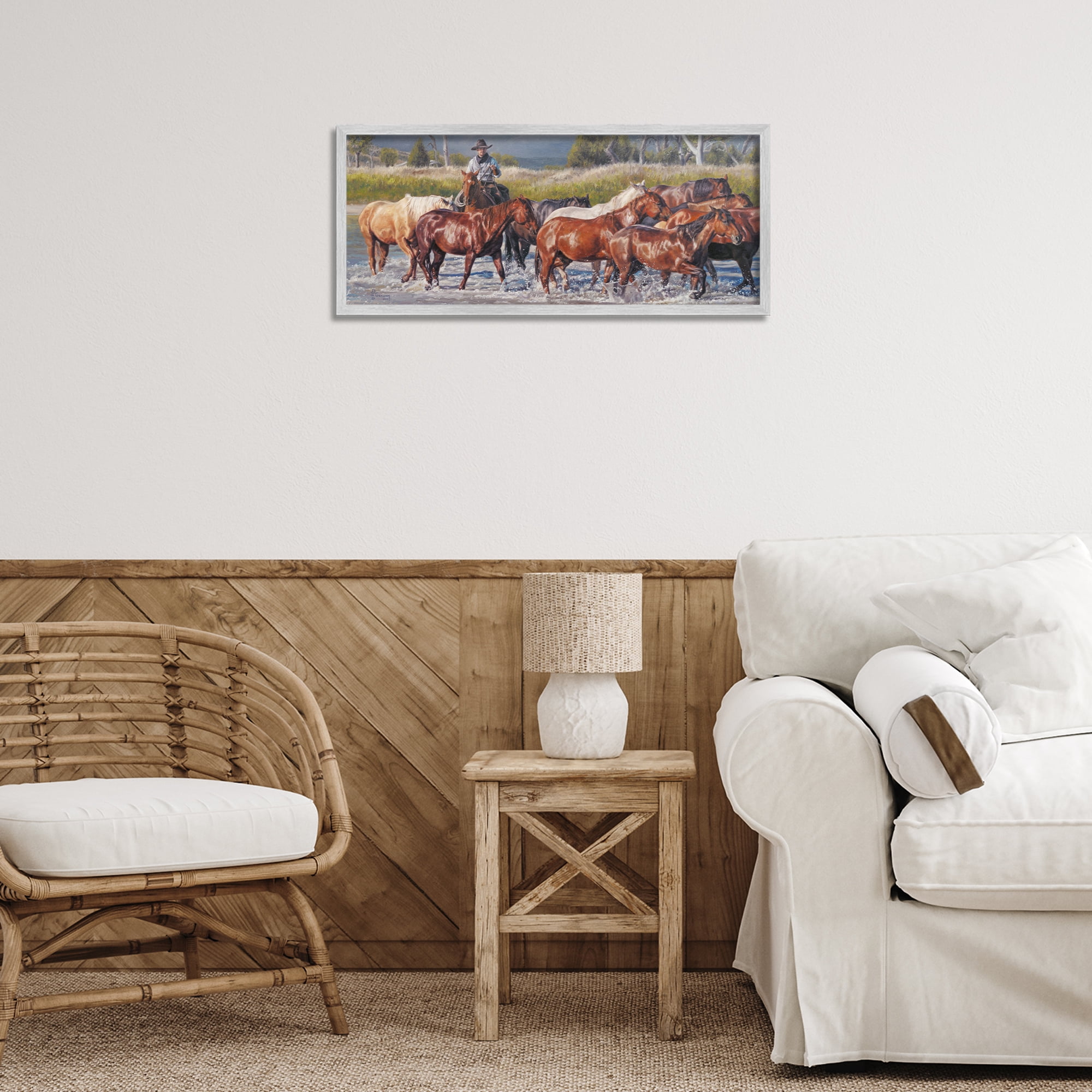 Stupell Industries Crossing The Remuda Animals & Insects Painting Gray Framed Art Print Wall Art, 24 x 10