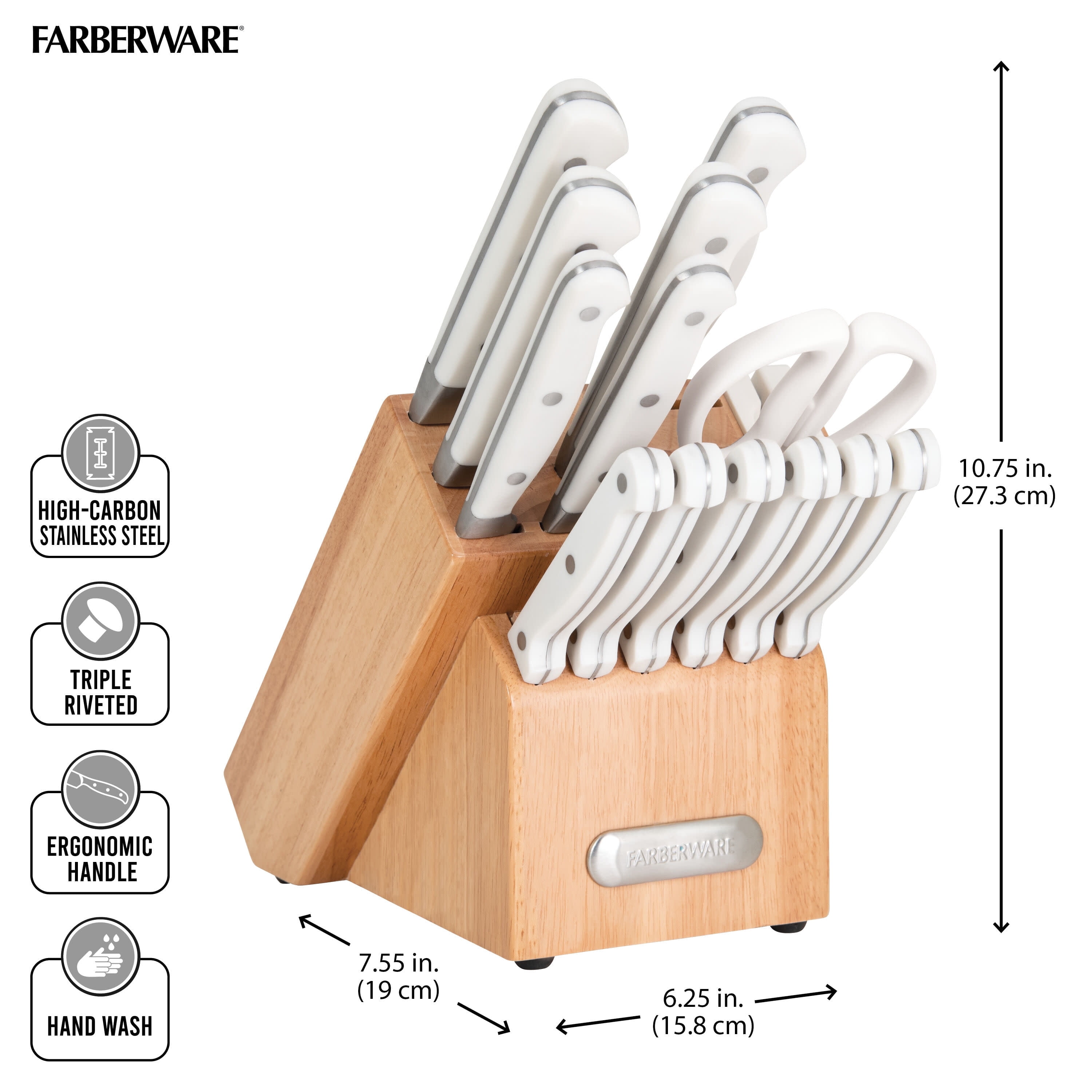 Farberware EdgeKeeper 14-Piece Forged Triple Rivet Kitchen Knife Set with Block, White
