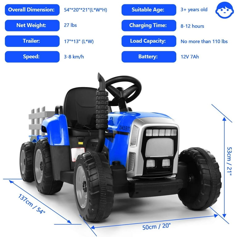 sopbost - Tractor eléctrico de 12V para niños, cuenta con remolque, control  remoto para padres, faro de 7 ledes y reproductor de MP3 con Bluetooth