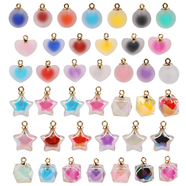 50 piezas de dijes colgantes de acrílico, dijes de cristal de estilo mixto para hacer joyas, juego de colgantes de collar de bricolaje con bucles de metal, acabados iridiscentes y esmerilados para pul