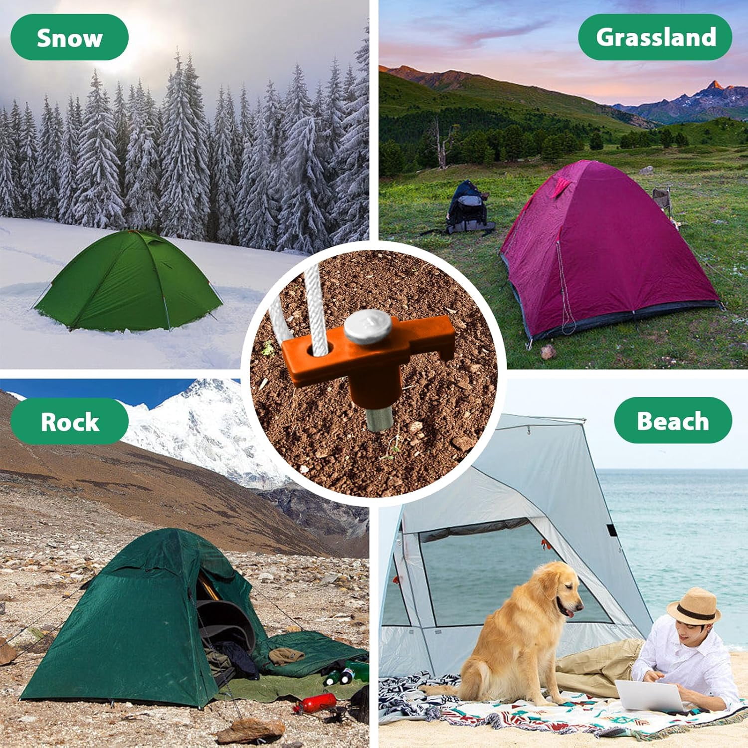 USA Galvanized Non-Rust Camping Family Tent Pop Up Tent Stakes Canopy Anchors Heavy Duty 10pc-Pack, with 4x10ft Ropes & 1 Orange Stopper