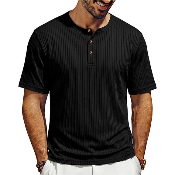TEAJOPSUU Men's Henley T-Shirt Slim Fit Casual Elasticity Short Sleeve with Buttoned Neck for Gym & Workout Black