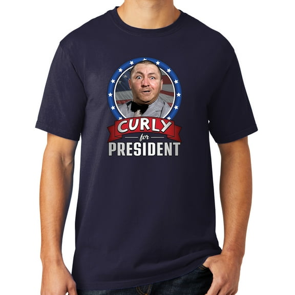 Mens Three 3 Stooges Curly for President Cotton Tee Shirt, Small True Navy Blue