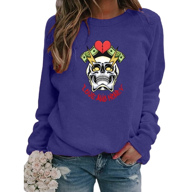 Oucaili Sudaderas con Estampado de Calavera para Mujer, Jersey de Manga Larga con Cuello Redondo, Tops Sueltos Informales, Camisa