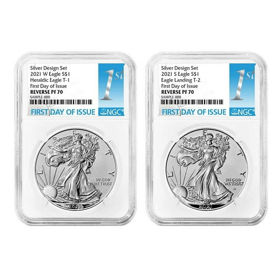 2021 Reverse Proof American Silver Eagle Designer 2pc Set NGC PF70 FDI First Label
