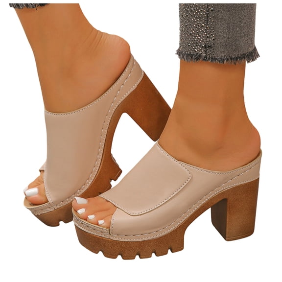 Rokment Women's Orthopedic Platform Walking Slides Sandals Fashion Casual Leather Peep Toe Chunky Block High Heels Dress Slip on Comfortable Heeled Walking Slippers Summer Beige Size 6.5