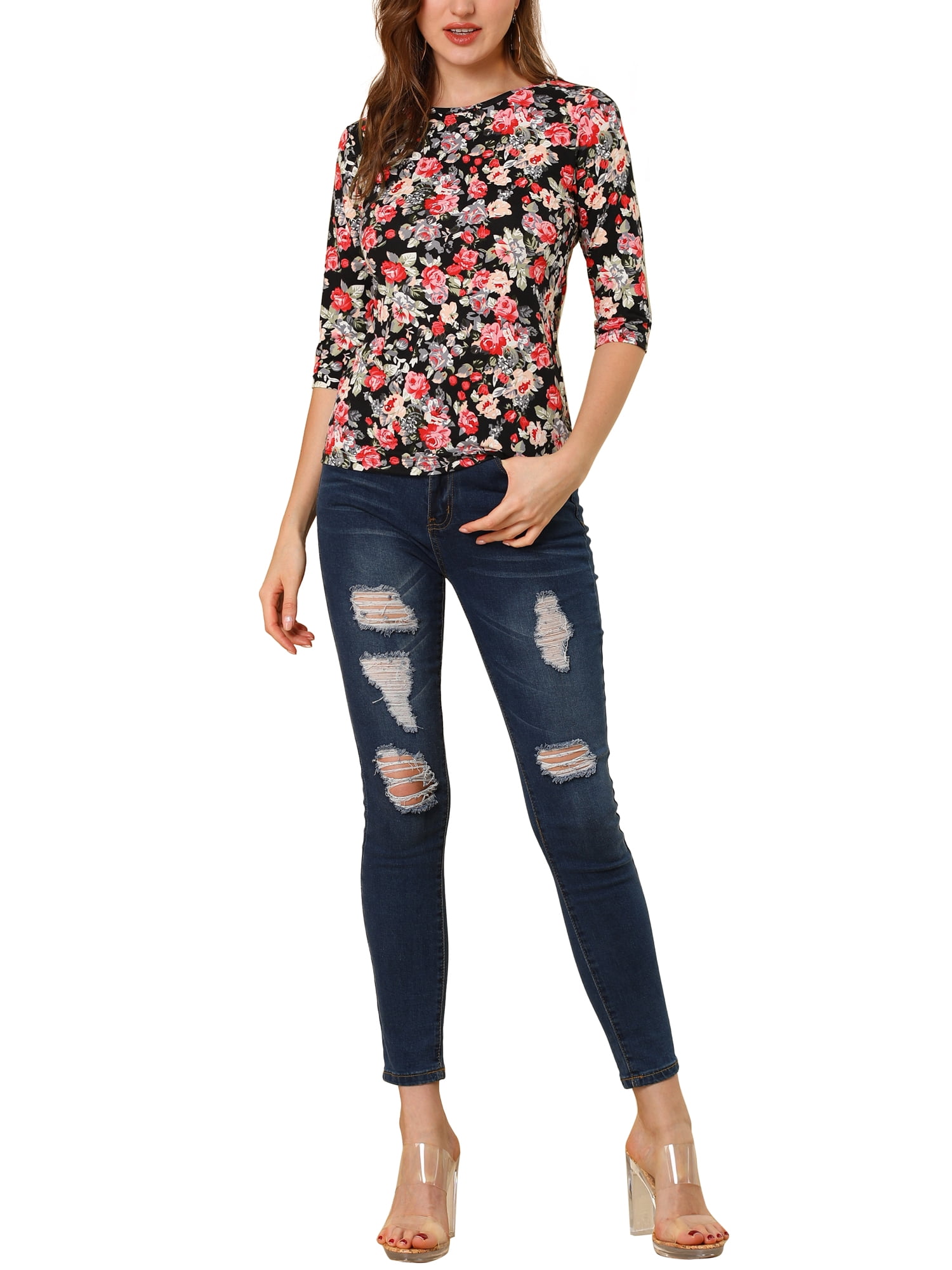 DARING DIVA Women's Halloween Costume 1/2 Sleeve Floral Top XL Black-Floral
