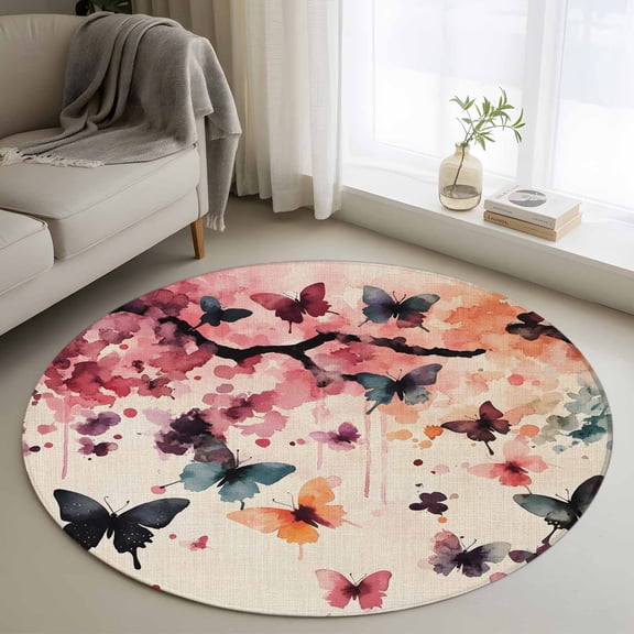 Round Rugs 3Ft, Flowers Butterfly Round Area Rug Washable Indoor Throw Carpet, Vintage Rustic Ombre Spring Floral Small Non Slip Circle Rug for Bedroom Living Room Home Decor Aesthetic