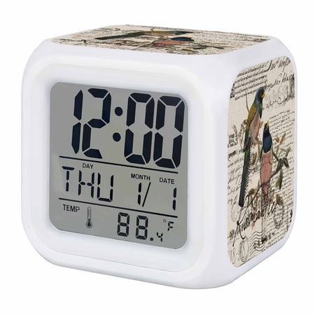 Vintage Birds Digital Alarm Clock for Bedrooms,Smart LED Alarm Clock with 7 Color Night Light,Country Envelope Postmark Farmhouse Botancial Silent Wake Up Clocks for Sleep Study Cooking 3.2x3.2