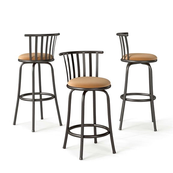 Homy Casa 3-Piece Bar Stool Set with Curved Metal Backrest in Brown