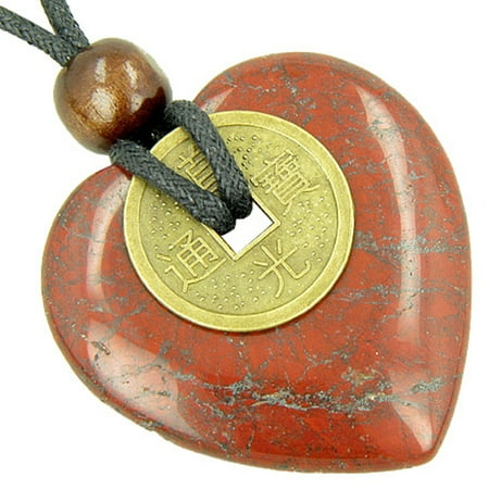 Red Jasper Heart Necklace - Heart Protection Amulet Lucky Coin in Red Jasper Stone Pendant Necklace