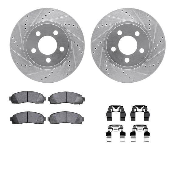 Dynamic Friction Company Front Brake Rotors-Drilled and Slotted-Silver with Ultimate Duty Performance Brake Pads includes Hardware 7412-54058